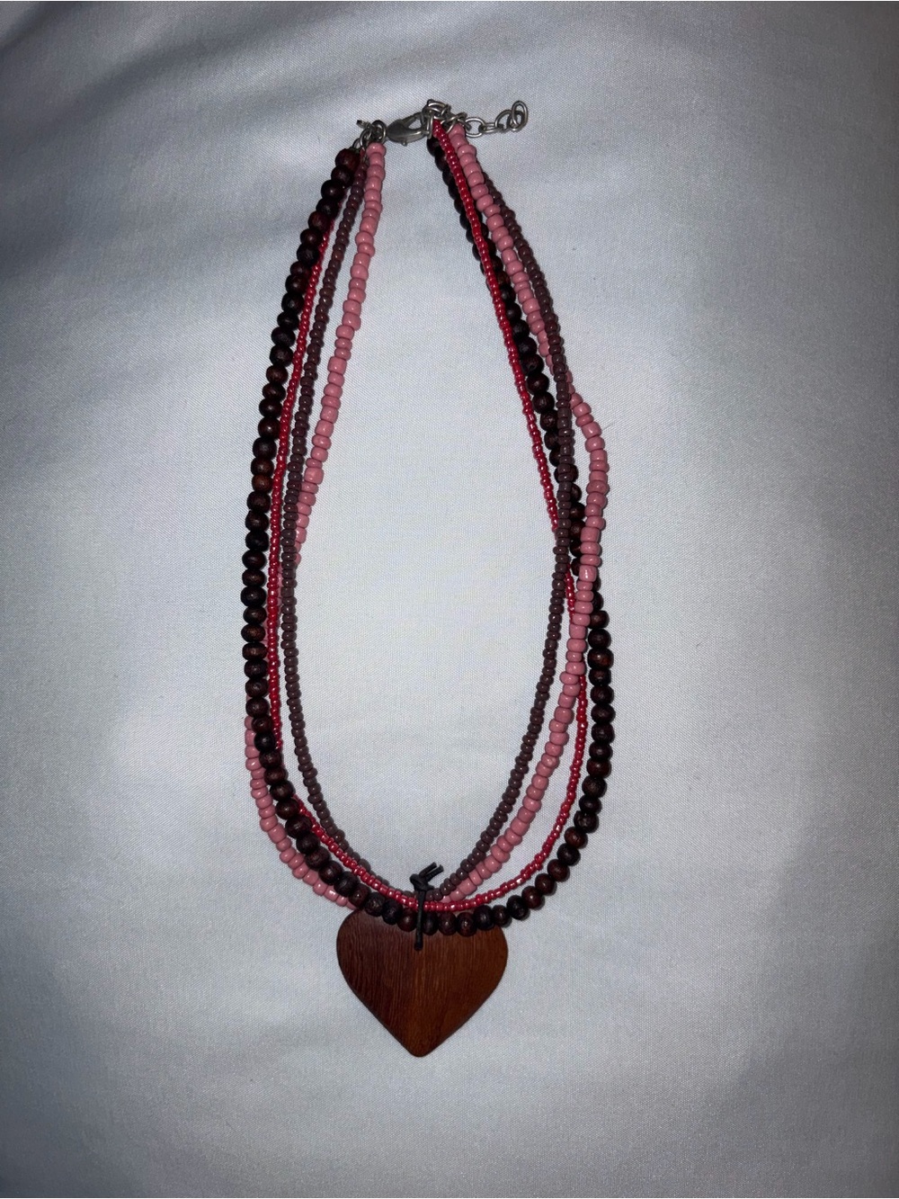Multi Strand Layered Necklace Wood Heart Pendant Dark Pink Brown